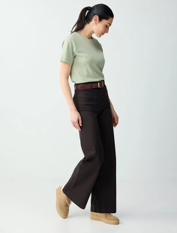 Bayan Kahverengi Rahat Kesim Bol Paça Yüksek Bel Denim Pantolon